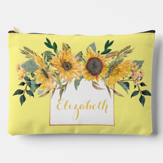 ひまわり金ゴールドパーソナライズされたフローラ花 アクセサリーポーチ (正面)