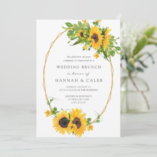 ひまわり金ゴールド幾何結婚フレームのブランチ 招待状 (スタンド正面)
