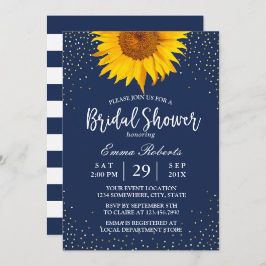 ひまわり金ゴールド紙吹雪ネイビーブルーブライダルシャワー 招待状 (正面/裏面)