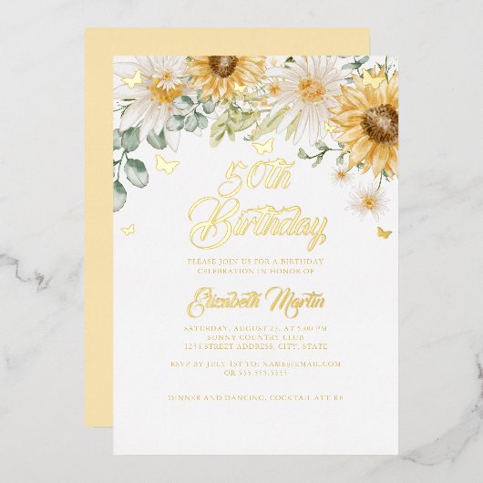 ひまわり金ゴールド蝶50th誕生日パーティー 箔招待状 (正面/裏面)