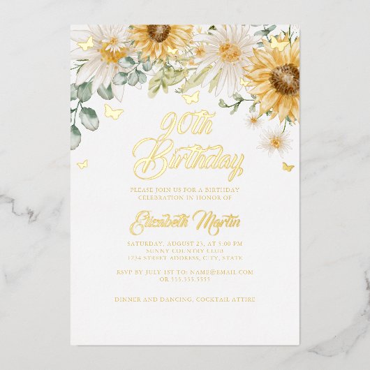 ひまわり金ゴールド蝶90th誕生日パーティー 箔招待状 (正面)