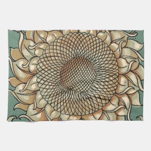 ひまわり開花オンブルーグリーン背景 キッチンタオル (横)