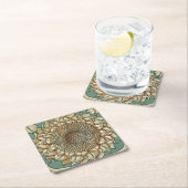 ひまわり開花オンブルーグリーン背景 スクエアペーパーコースター (インサイチュ)