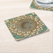 ひまわり開花オンブルーグリーン背景 スクエアペーパーコースター (アングル)
