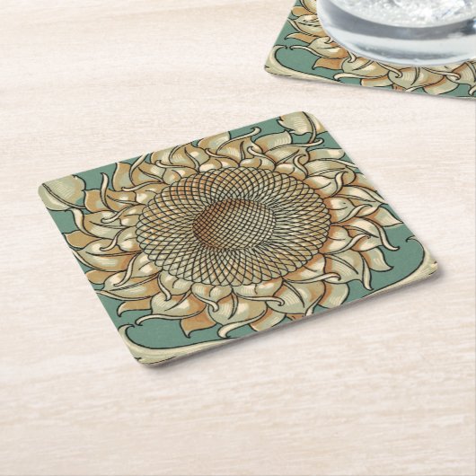 ひまわり開花オンブルーグリーン背景 スクエアペーパーコースター (アングル)