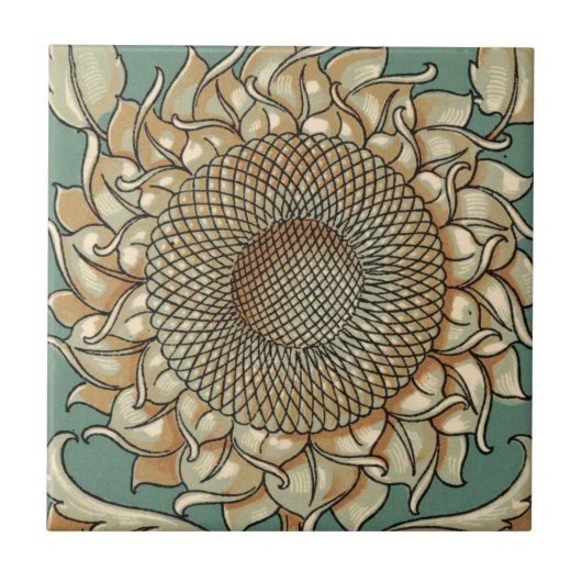 ひまわり開花オンブルーグリーン背景 タイル (正面)