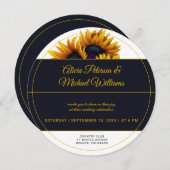ひまわり開花 | 金ゴールドと海軍モダン結婚の 招待状 (正面/裏面)