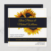 ひまわり開花 | 金ゴールドと海軍モダン結婚の 招待状 (正面/裏面)