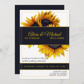 ひまわり開花 | 金ゴールドと海軍モダン結婚の 招待状 (正面/裏面)