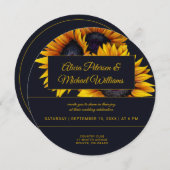ひまわり開花 | 金ゴールドと海軍モダン結婚の 招待状 (正面/裏面)