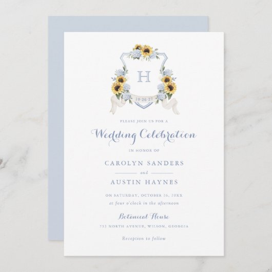 ひまわり青あじさいクレストモノグラム結婚ズ 招待状 (正面/裏面)