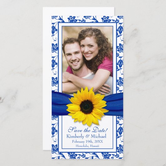 ひまわり青フローラ結婚リボン救の日付 セーブザデート (正面/裏面)