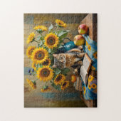 ひまわり魅力的の花束を持つ猫 ジグソーパズル (縦)