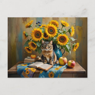 ひまわり魅力的の花束を持つ猫 ポストカード