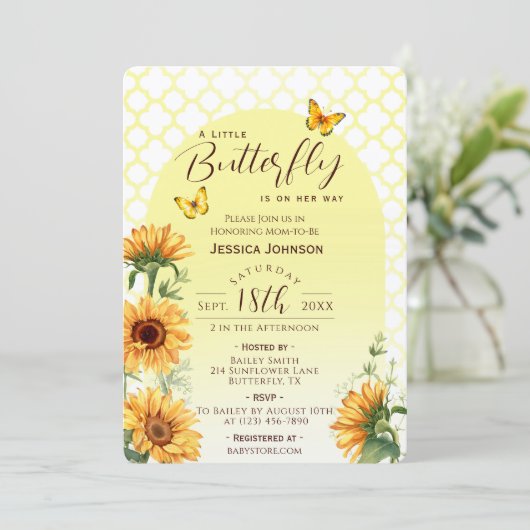 ひまわり黄色の小さな蝶の赤ちゃんシャワー 招待状 (スタンド正面)