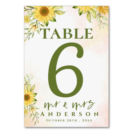 ひまわり黄色の新しいミセス・アンド・ミセス・カワイズ結婚ズ テーブルナンバー (裏面)