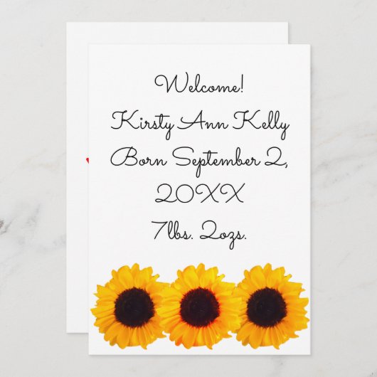 ひまわり黄色の誕生お知らせ4ケイト 招待状 (正面/裏面)