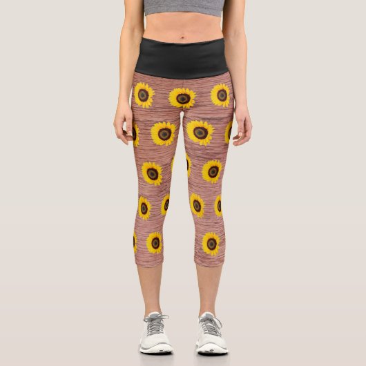 ひまわり黄色の黒フェイク木 カプリレギンス (正面)