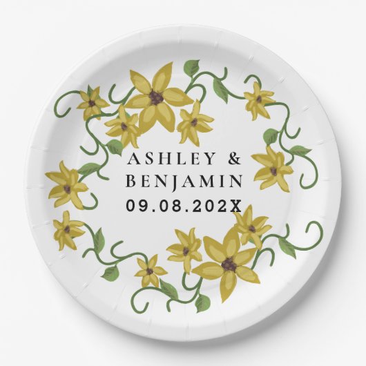 ひまわり黄色フローラ植物手描き油 ペーパープレート (正面)