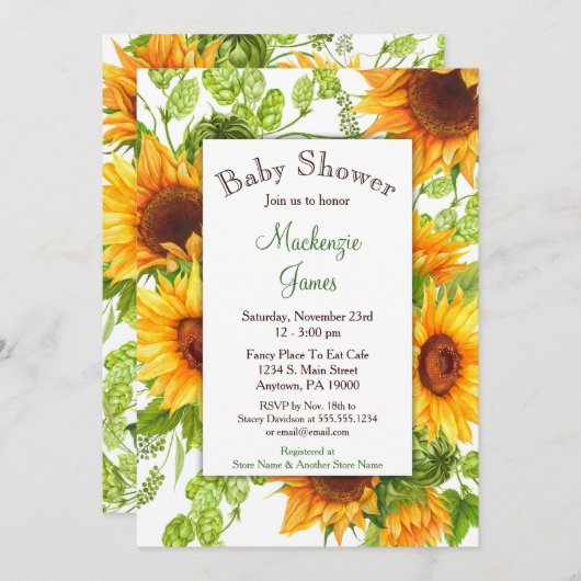 ひまわり黄色フローラ赤ちゃんシャワー招待状 招待状 (正面/裏面)