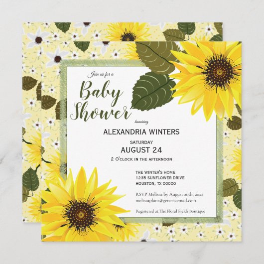 ひまわり黄色フローラ |赤ちゃんシャワー 招待状 (正面/裏面)