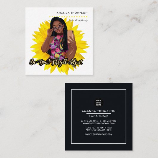 ひまわり黒人女性美しいファッションスクエアブシン スクエア名刺 (正面/裏面)