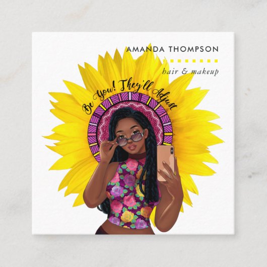 ひまわり黒人女性美しいファッション スクエア名刺 (正面)