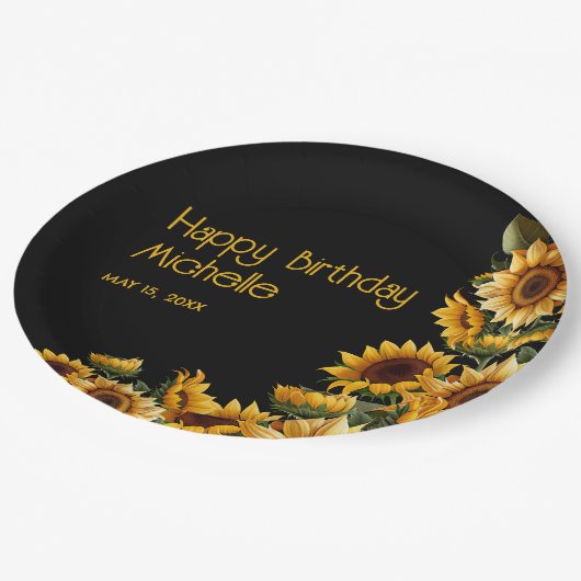 ひまわり黒素朴エレガントハッピーバースデー ペーパープレート (アングル)