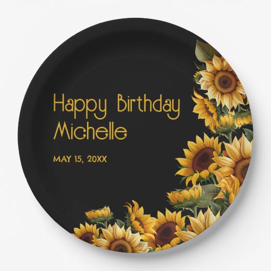 ひまわり黒素朴エレガントハッピーバースデー ペーパープレート (正面)