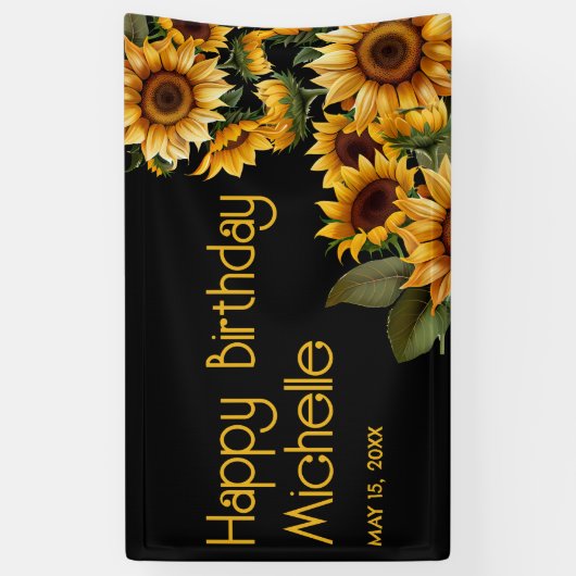 ひまわり黒素朴エレガントハッピーバースデー 横断幕 (縦)