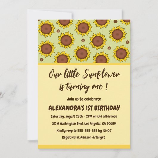 ひまわり1歳の誕生日招待状かわいいモダン 招待状 (正面)