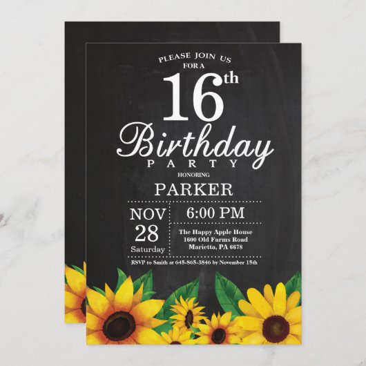 ひまわり16番目の誕生日招待状 招待状 (正面/裏面)