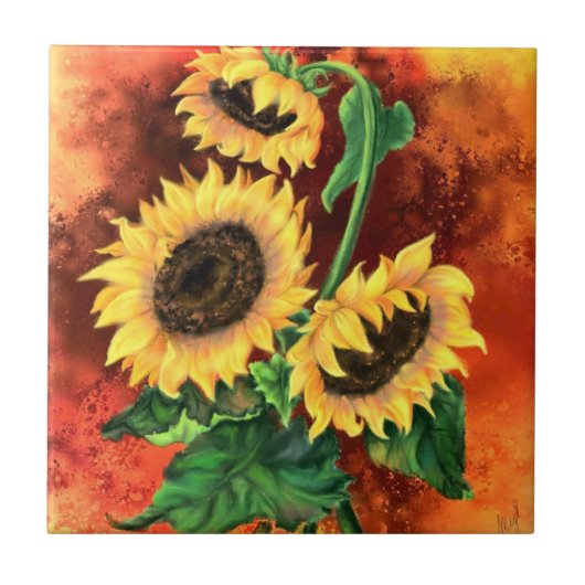 ひまわり3つ色彩の鮮やかの陶磁器タイル タイル (正面)