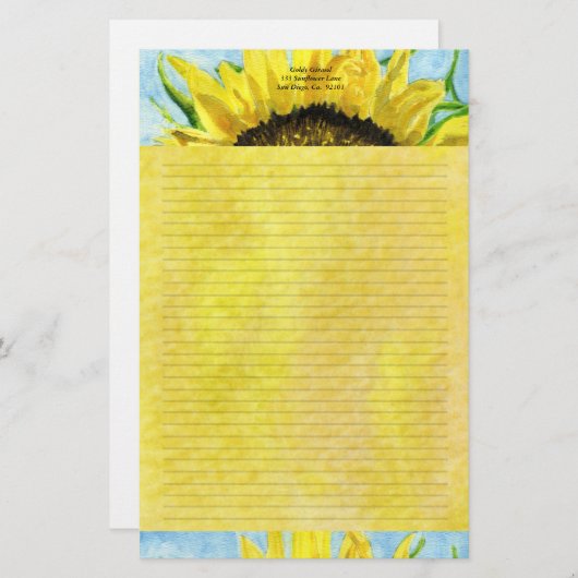 ひまわり4水彩留パーソナライズされた定型 便箋 (正面/裏面)