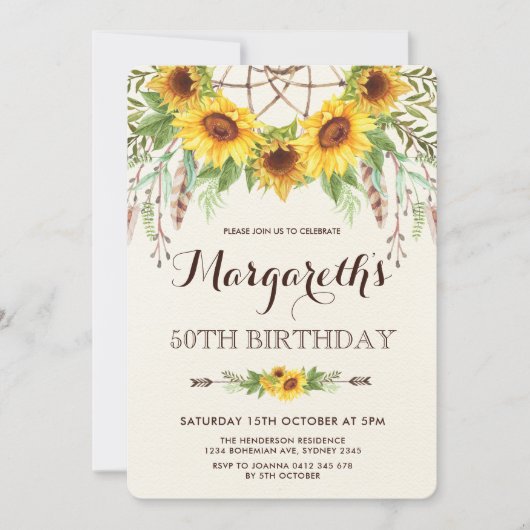 ひまわり50th誕生日パーティーBoho Feather 招待状 (正面)