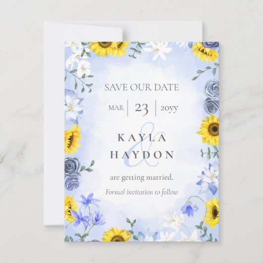 ひまわり、ほこりっぽい青いバラ結婚式の日付を保存 招待状 (正面)
