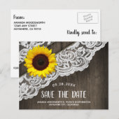 ひまわり ウッド + レース 結婚式 Save The Date カード (正面/裏面)