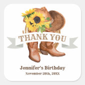 ひまわり、カウボーイブーツ、帽子、投げ縄 スクエアシール (正面)