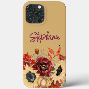 ひまわり カボチャ ワインレッドの秋の花 名前入り iPhone 13 PRO MAXケース