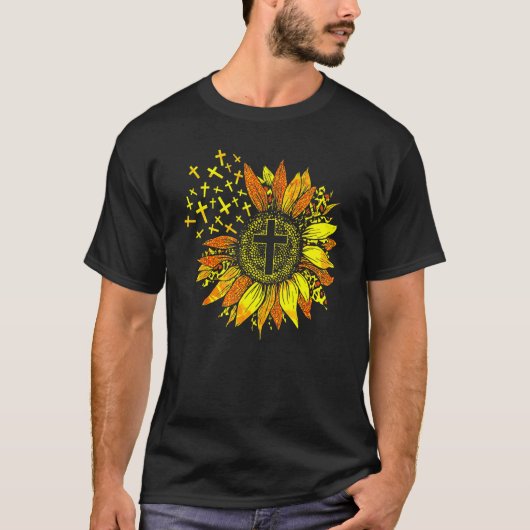 ひまわり キリスト教 装飾 ヒョウ柄 十字架 幸せ Tシャツ (正面)