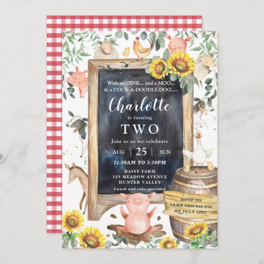 ひまわり グリーン ファーム 動物 牧場 誕生日 招待状 (正面/裏面)
