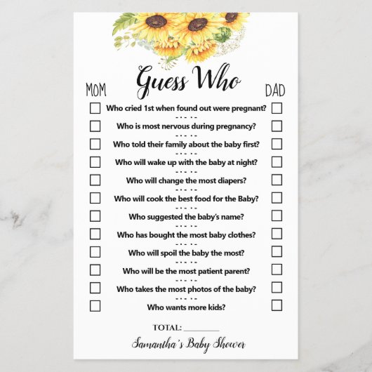ひまわり ゲス・フー ベイビーシャワー ゲーム カード (正面)
