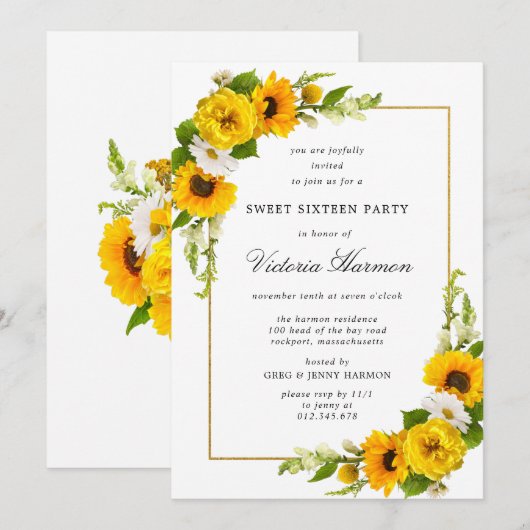 ひまわり ゴールドフレーム スイート16 パーティー 招待状 (正面/裏面)