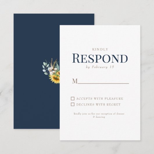 ひまわり ゴールド+ネイビー テキスト 結婚式 RSVP (正面/裏面)