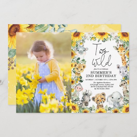 ひまわり ジャングル サファリ ツー ワイルド バースデー フォト 招待状 (正面/裏面)