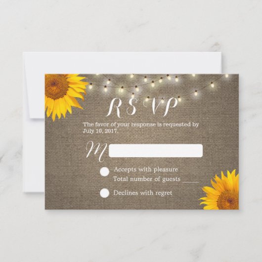 ひまわり&ストリングライトバーラップ結婚式RSVP 出欠カード (正面)