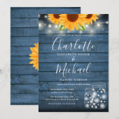 ひまわり ストリング ライト メイソンジャー 青い結婚式 招待状 (正面/裏面)