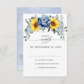 ひまわり ダスティーブルー スレート ピオニー フラワーのウェディング 出欠カード (正面/裏面)