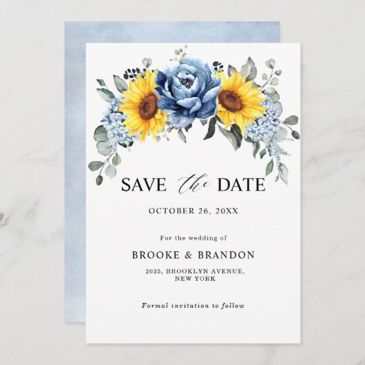 ひまわり ダスティーブルー スレート ピオニー フラワーの結婚式 セーブザデート (正面/裏面)