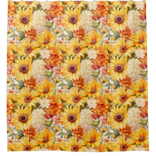 ひまわり、ダリア、ジニアスフローラシャワーカーテン シャワーカーテン (正面)